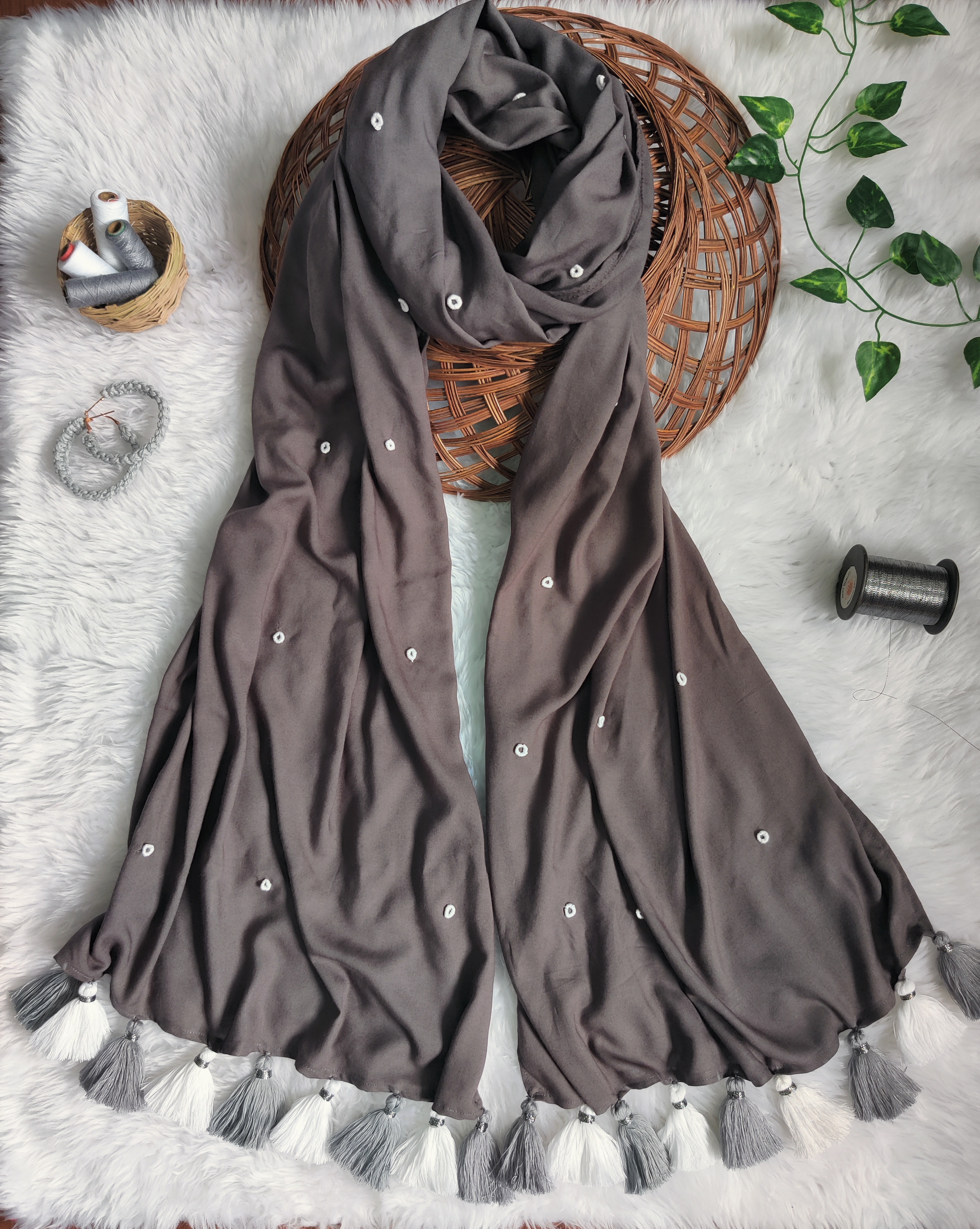 Grey Knot Embroidered Scarf