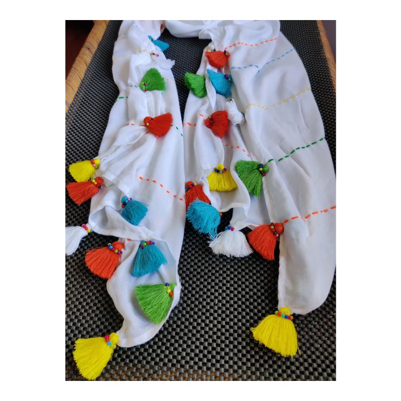 White Multicolor Kantha Stitch Scarf — photo 4