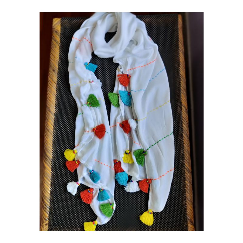 White Multicolor Kantha Stitch Scarf