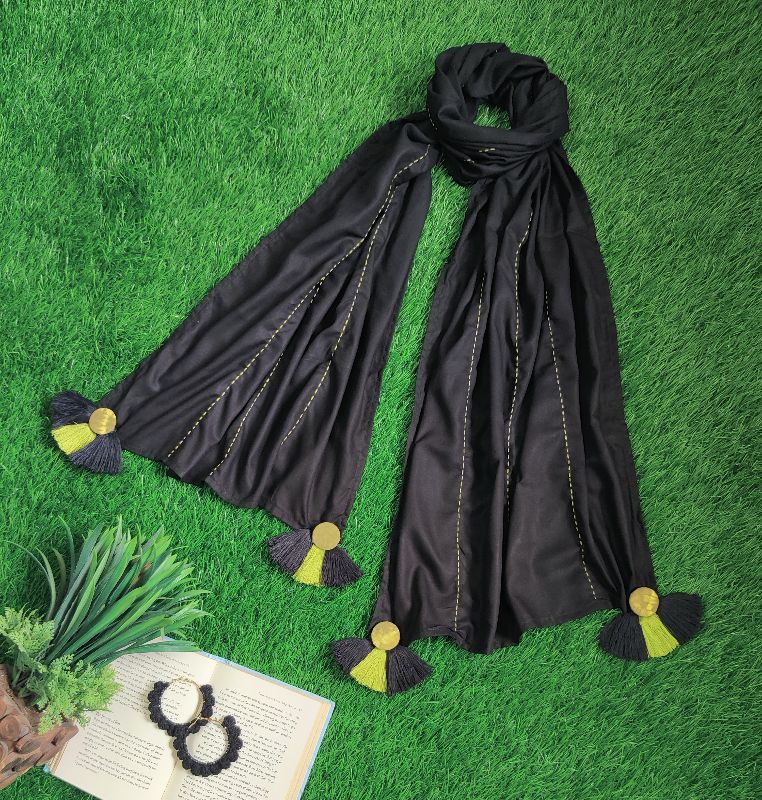 Black Kantha With Tie Dye Button Tassels