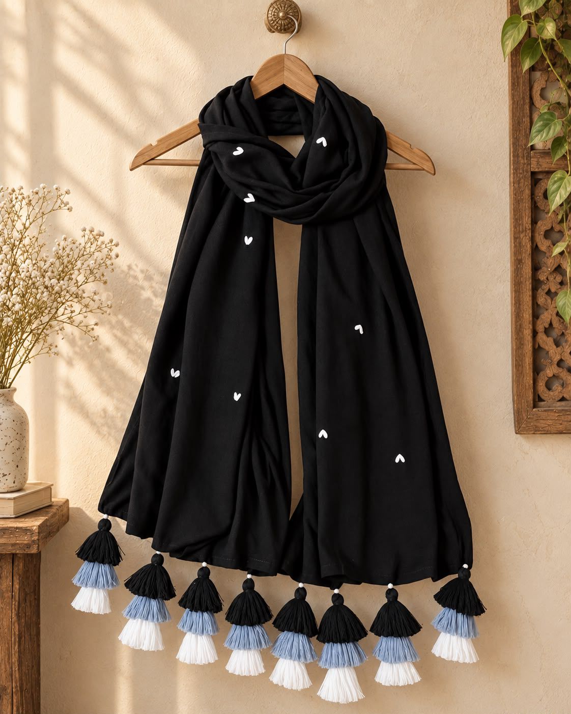 Black with white heart embroidery